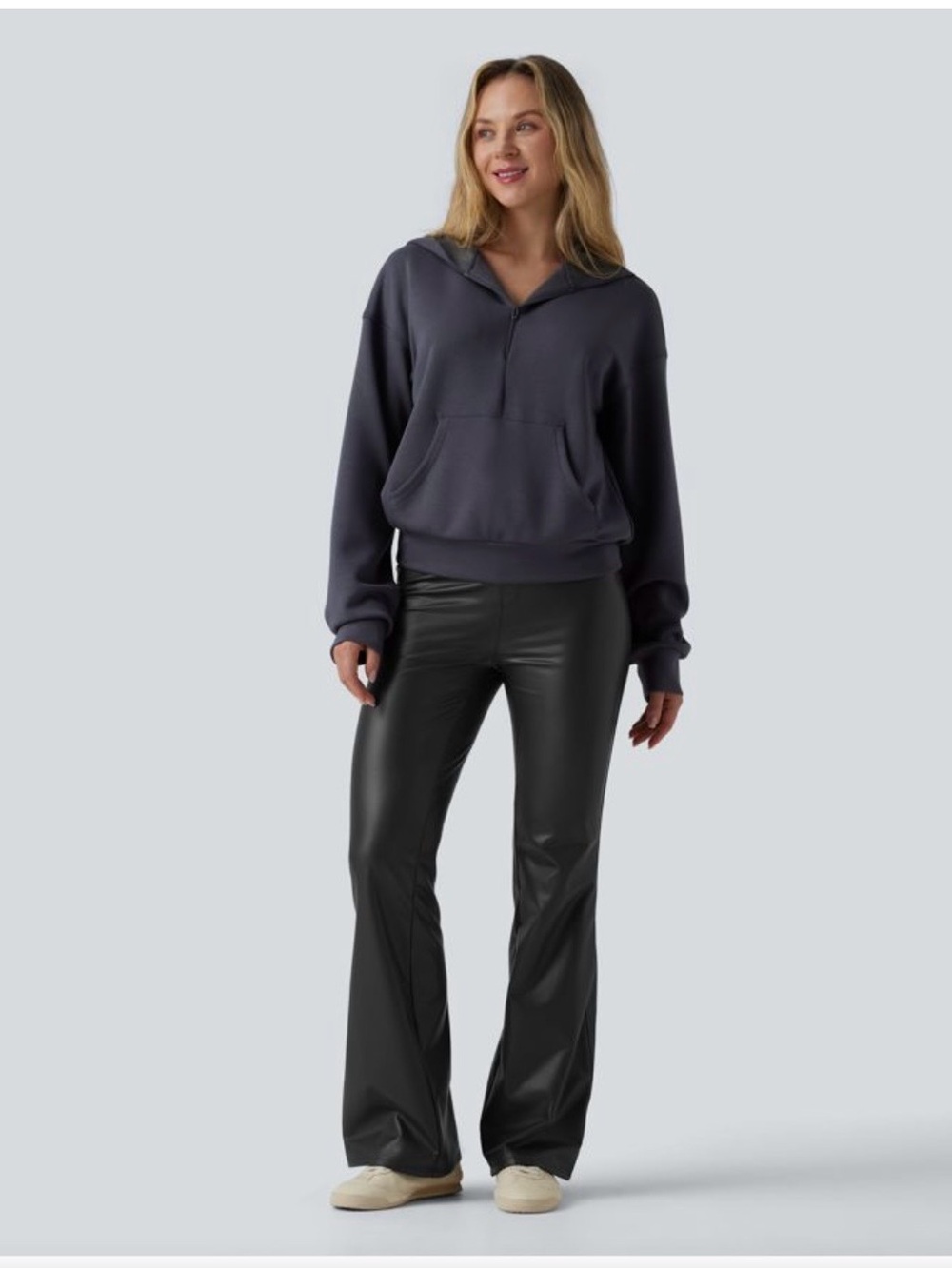 HALARA Black Faux-Leather High Waist Fleece Lined Flare Pants Small (4/6)